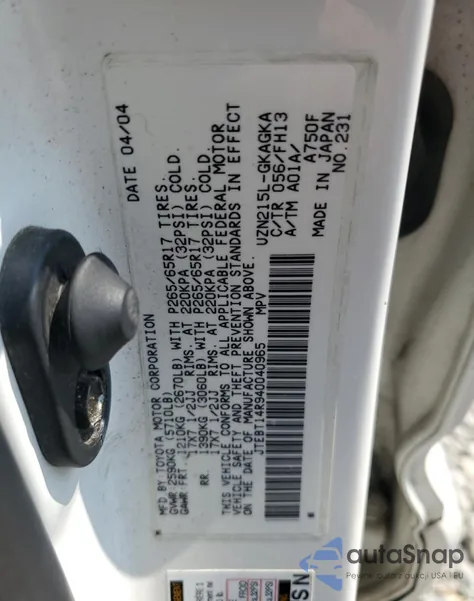 2004 Toyota 4Runner Sr5 from USA, damaged, VIN JTEBT14R940040965